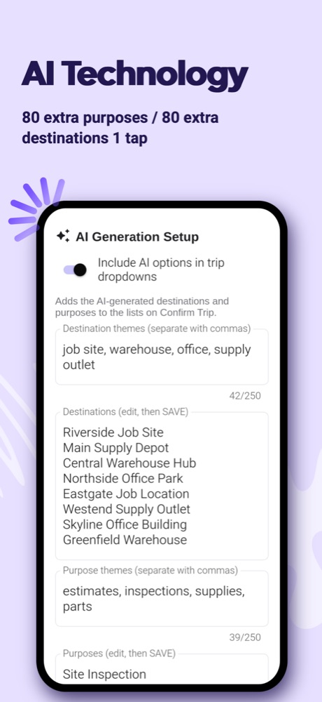 AI Generation Setup suggesting destinations and purposes