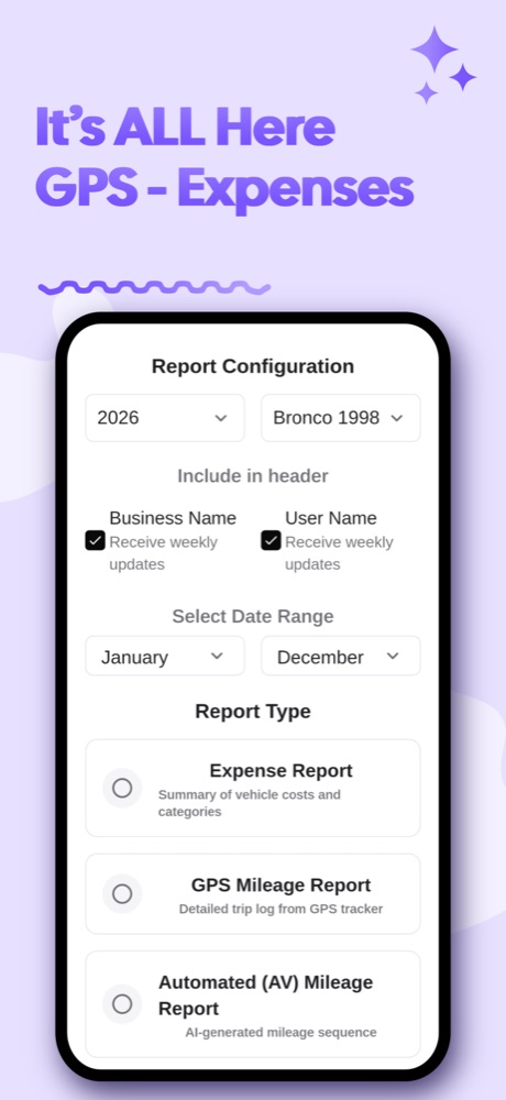 Report configuration with expense, GPS and automated mileage reports